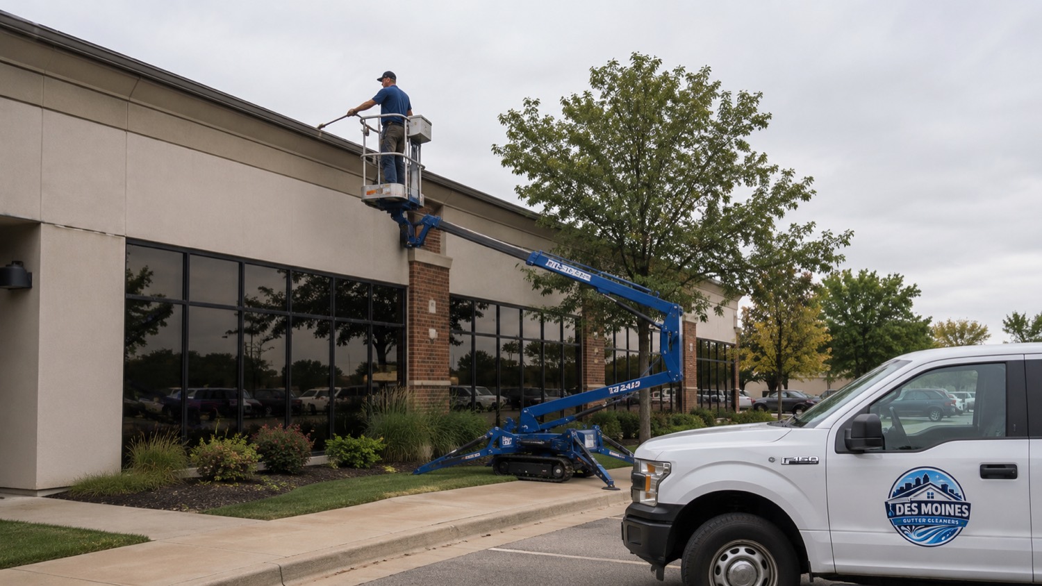 Commercial gutter cleaning technician working from a blue boom lift along the roofline of a Des Moines area office building