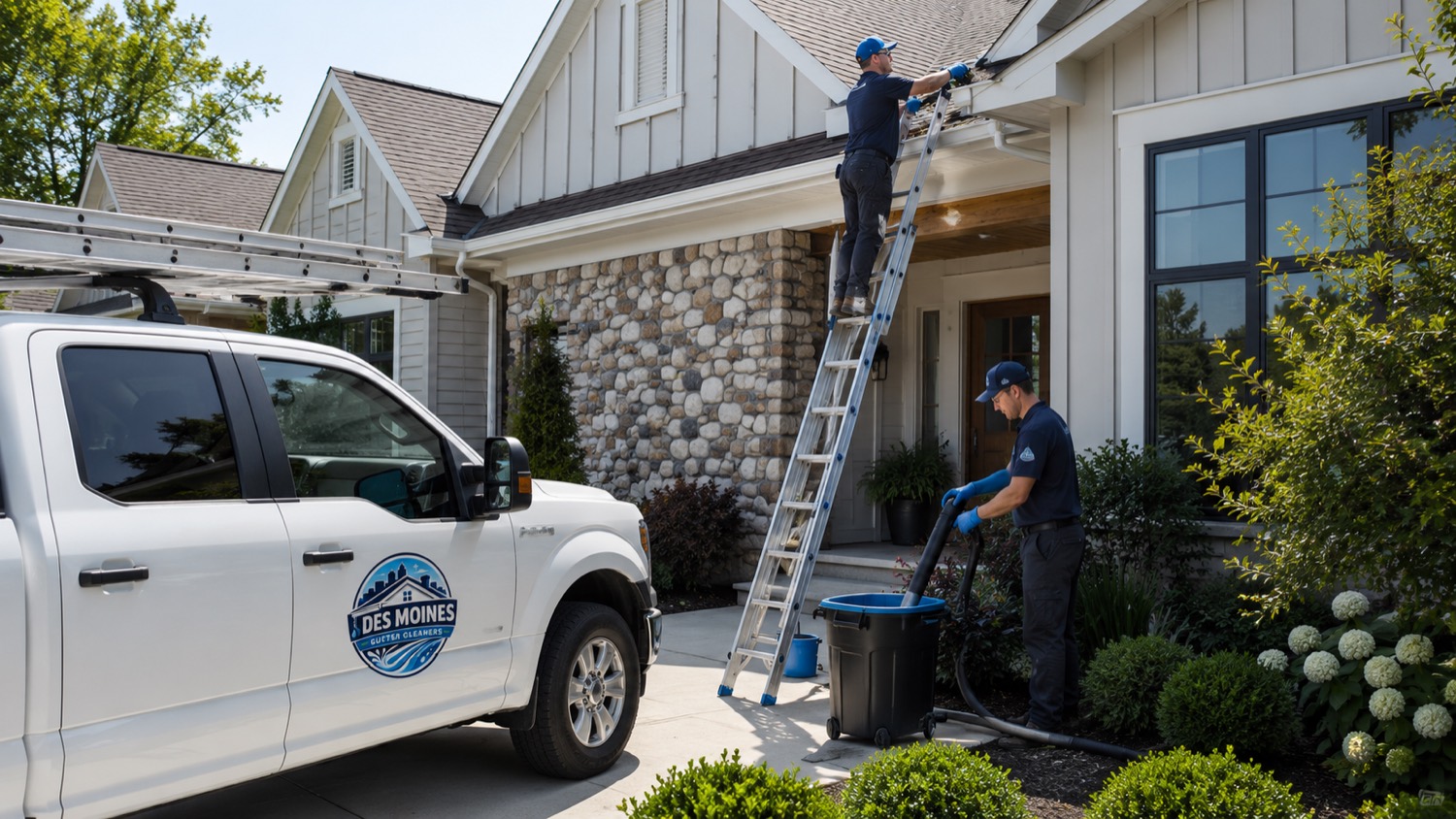 Gutter cleaning crew working a newer-construction Polk City home near the Big Creek corridor