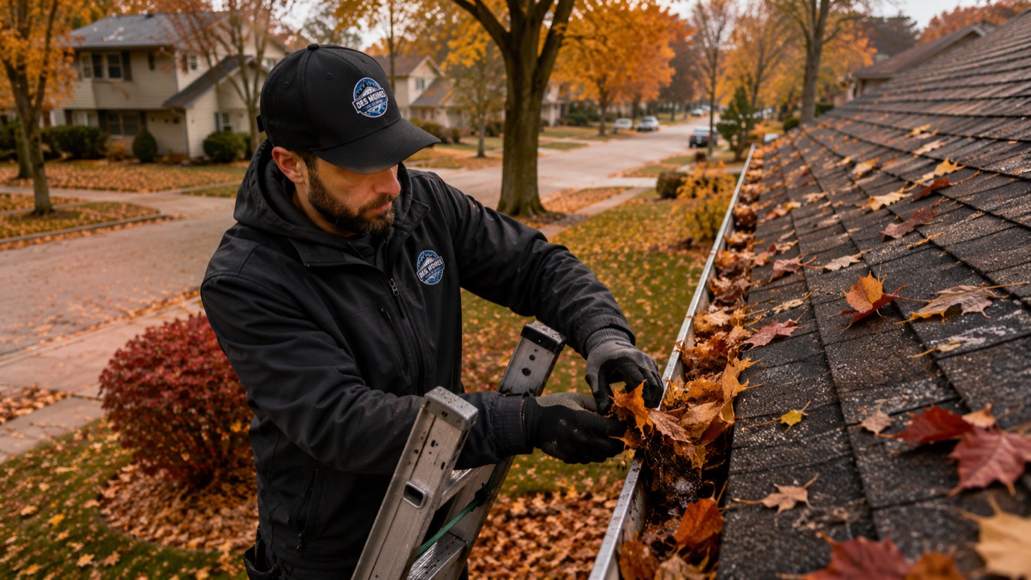 Technician clearing heavy autumn leaves from a Johnston home gutter on a street lined with mature trees