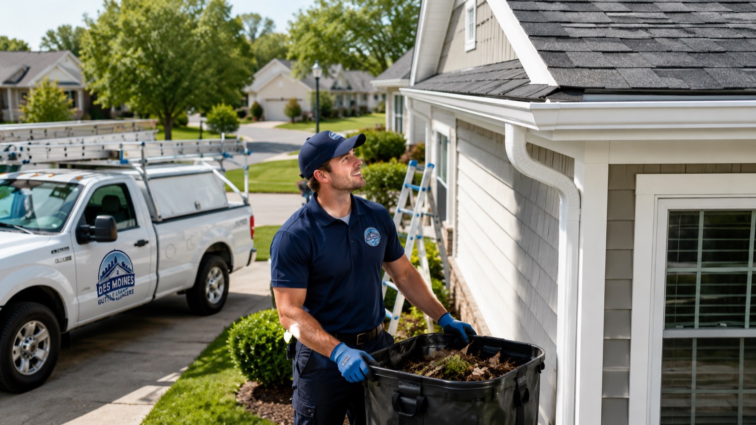 Gutter cleaning technician hauling away a bin of leaf debris from a Johnston property