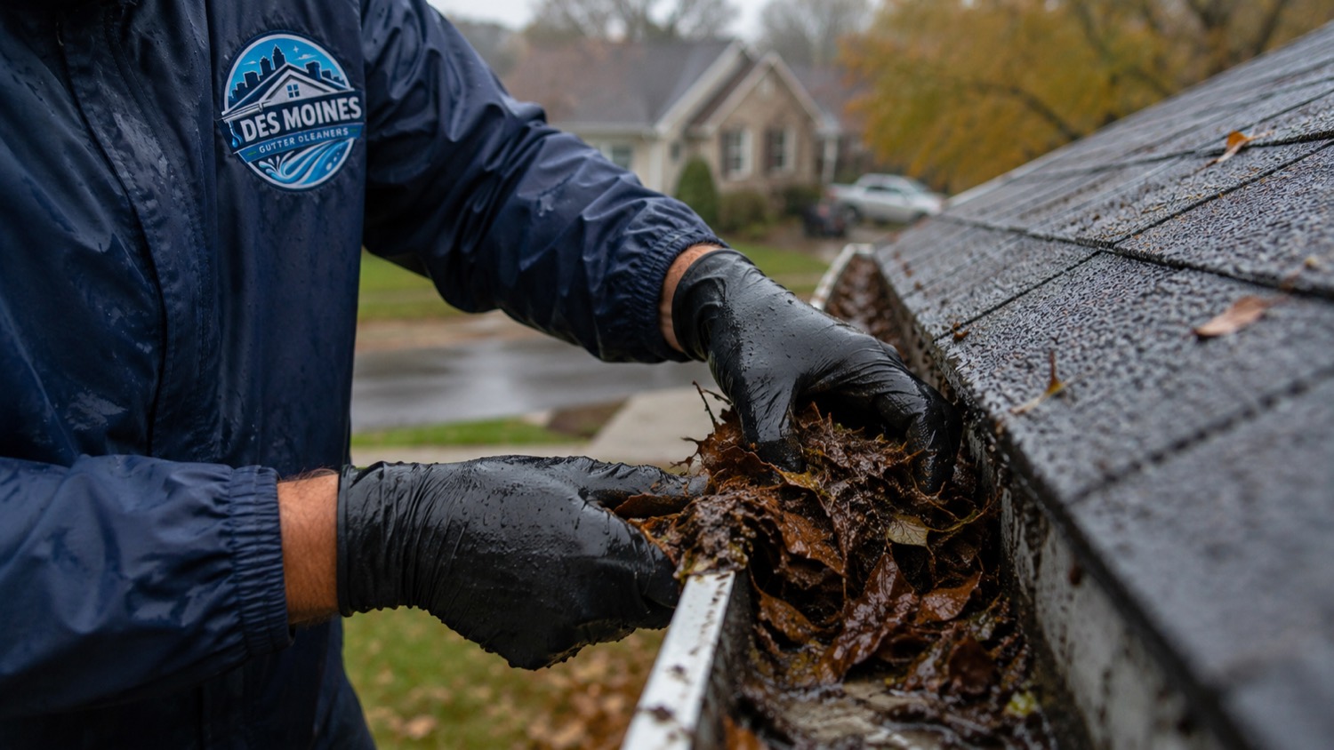 Technician hand-clearing soaked leaves from a gutter during rain in West Des Moines, where Walnut Creek flooding makes drainage critical