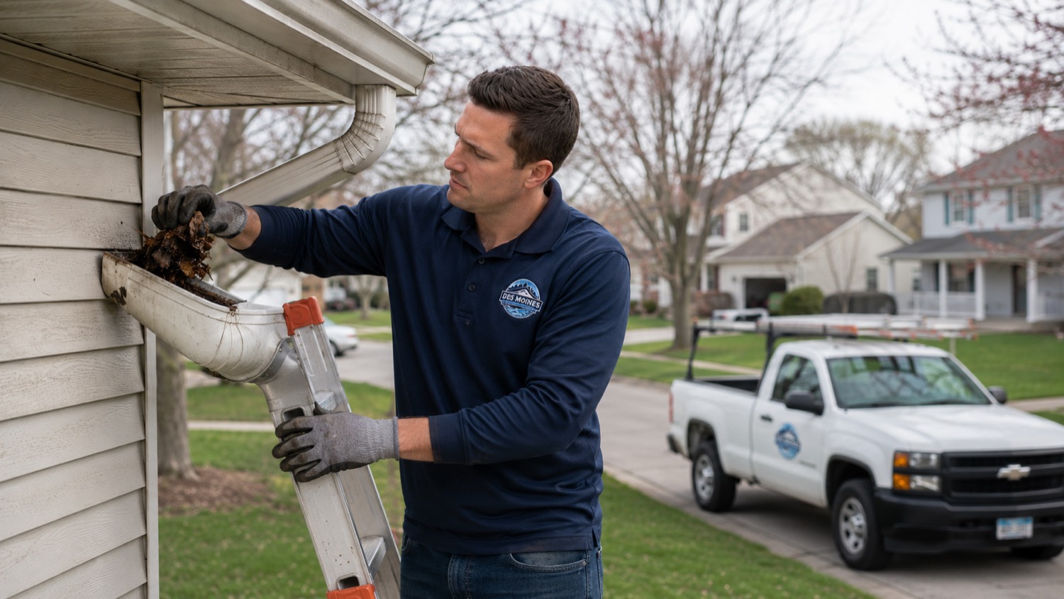 Technician clearing a downspout at a Norwalk home in early spring on the rolling terrain south of the Raccoon River
