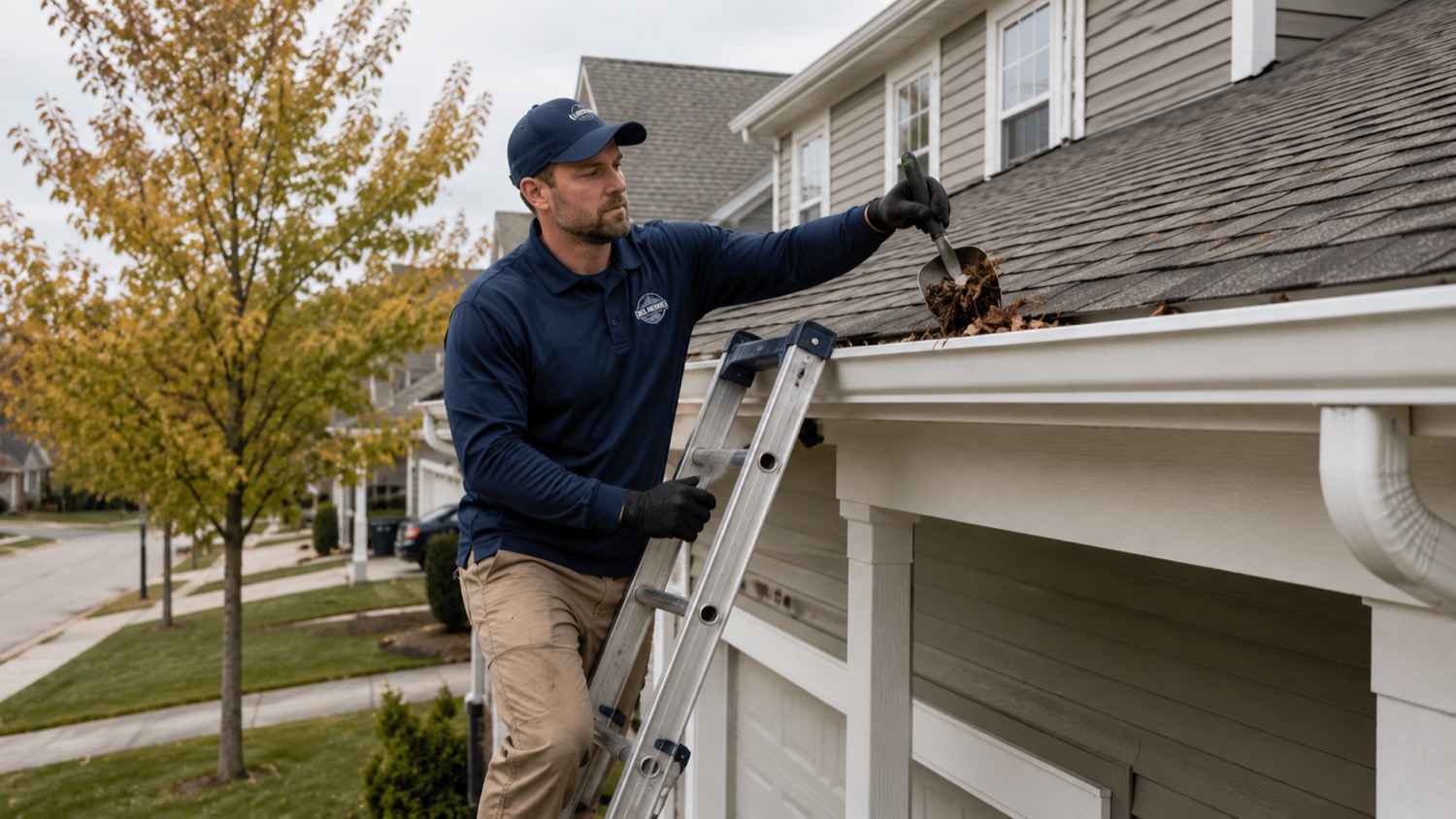 Gutter cleaning technician on a ladder scooping leaves from the gutters of an established West Des Moines home in fall