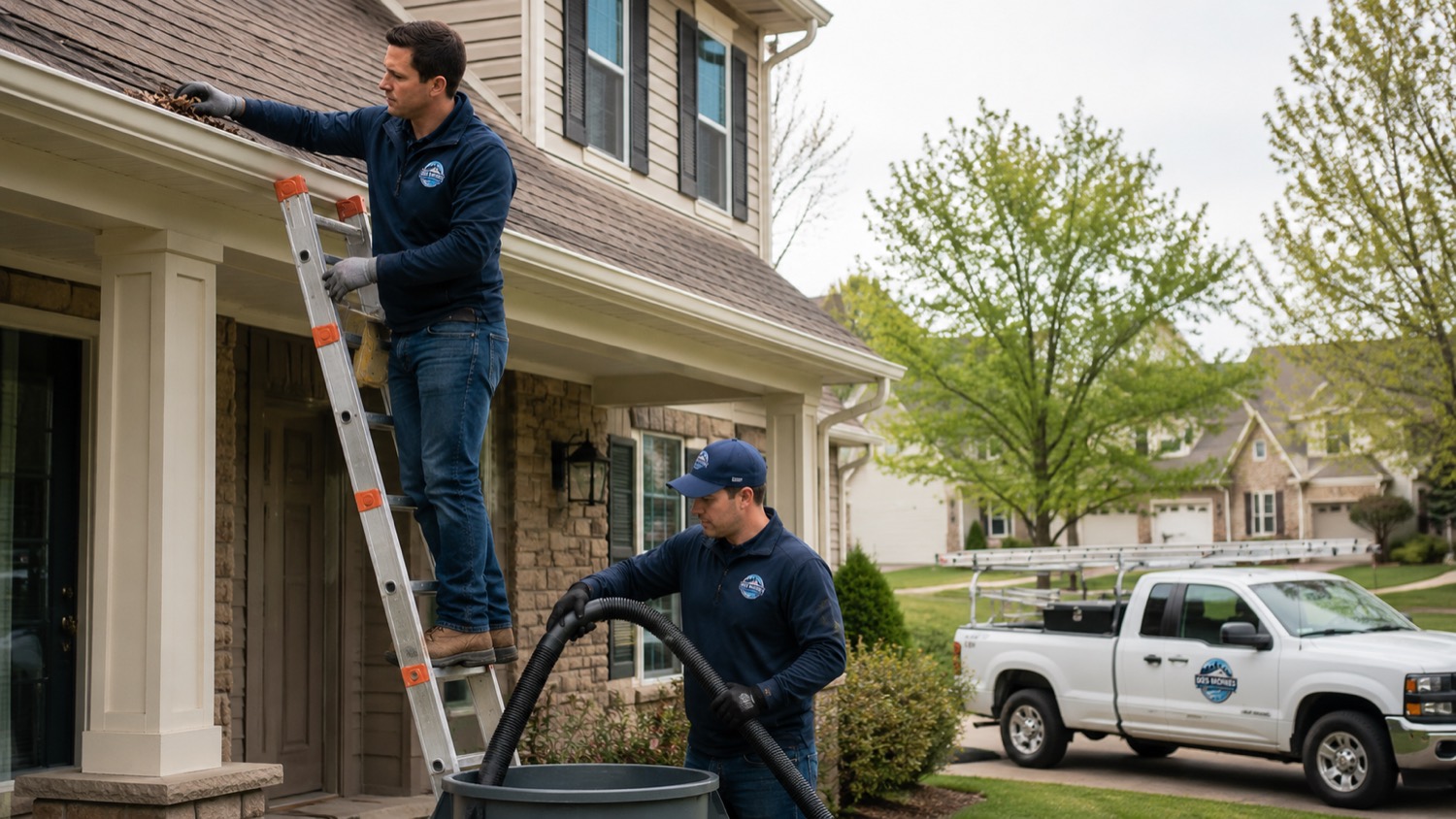 Two gutter cleaning technicians working an established Norwalk home with a vacuum system and ladder