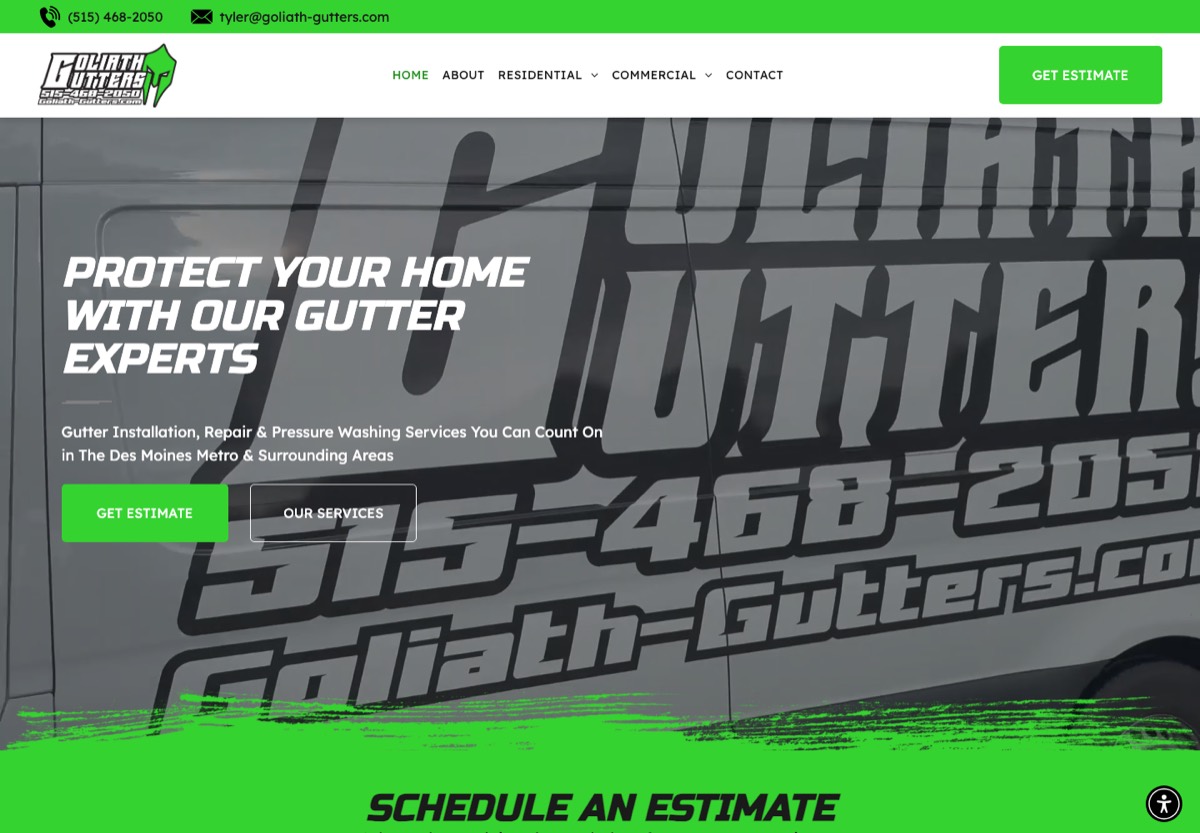 Goliath Gutters homepage showing gutter installation and repair in the Des Moines metro