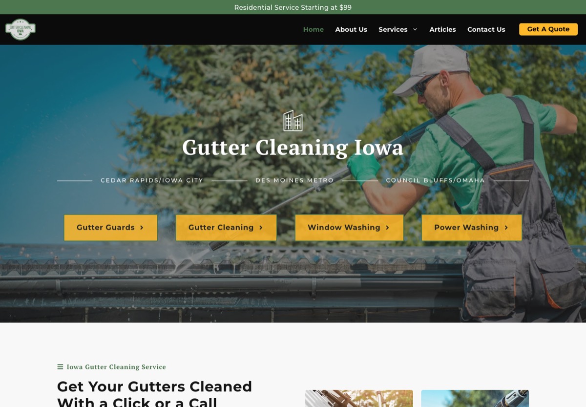 Gutter Cleaning Iowa homepage showing residential service starting at ninety nine dollars
